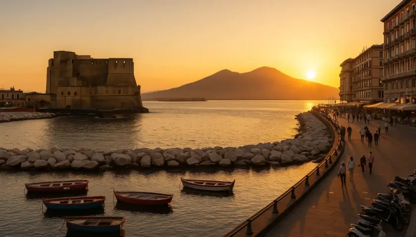 Coucher de soleil à Naples, avec le Vésuve en arrière-plan. La distance Rome-Naples en voiture est une belle escapade.