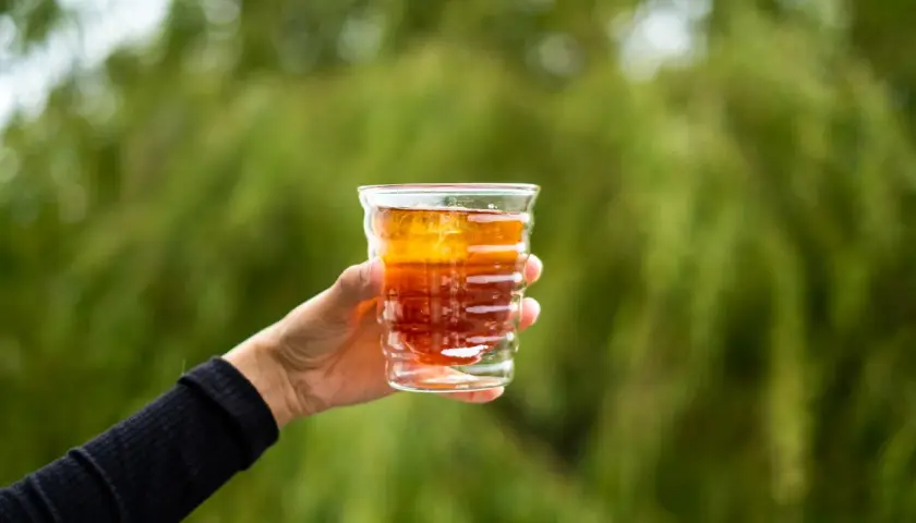 Dłoń trzyma szklankę z bursztynowym napojem, idealnym na orzeźwienie. Zastanawiasz się, jaka kawa do cold brew sprawdzi się najlepiej?