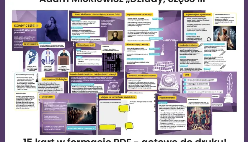 Grafika z tekstem "Adam Mickiewicz „Dziady, część III”" i elementami wizualnymi nawiązującymi do dramatu.