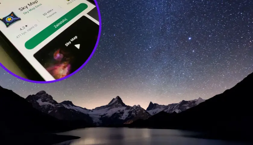 Aplikacja "Sky Map" do obserwacji gwiazd i faz księżyca, na tle nocnego nieba nad górami.