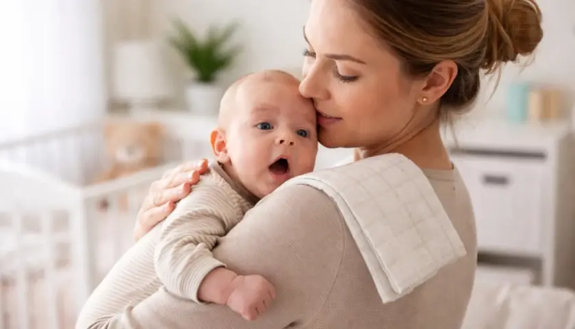Mamma abbraccia il suo bimbo, che ha un piccolo singhiozzo dopo poppata. La culla e un orsetto sullo sfondo.