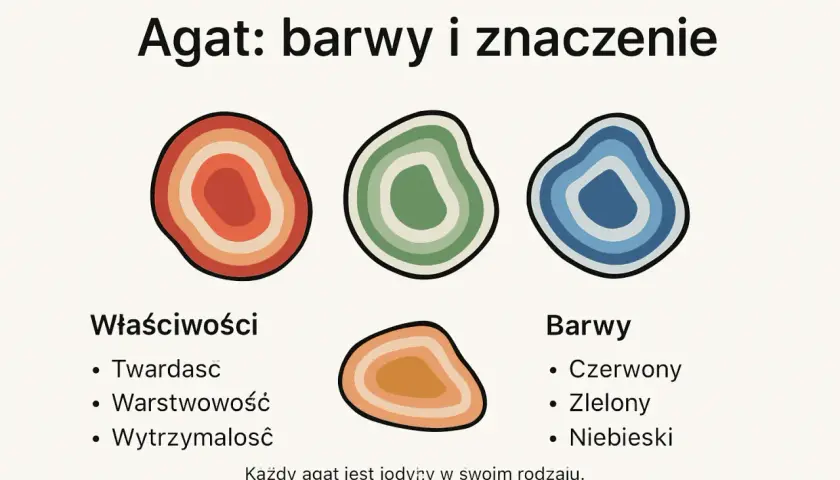 Ilustracja przedstawia kolorowe agaty, podkreślając ich właściwości: twardość, warstwowość i wytrzymałość. Agat biały, choć nie pokazany, również posiada te cechy.