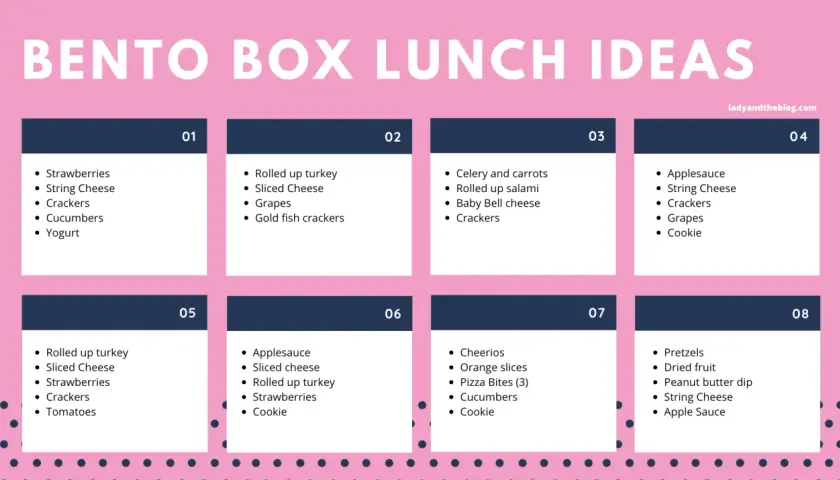 Eight bento box template ideas with food suggestions like strawberries, cheese, crackers, and yogurt.