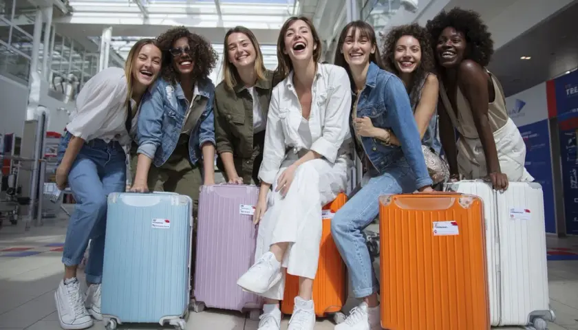Groupe de femmes joyeuses à l'aéroport avec leurs valises colorées, prêtes pour une destination EVJF pas cher.