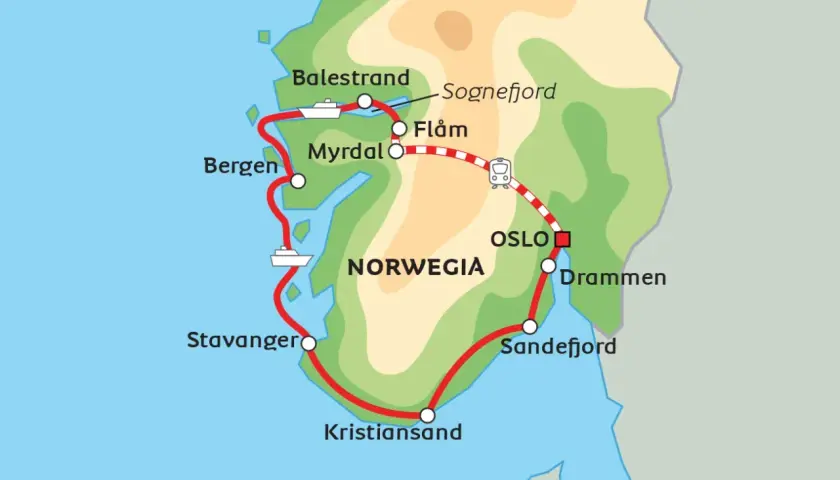 Mapa Norwegii pokazuje trasę podróży przez Sognefjord, Bergen, Stavanger, Kristiansand, Sandefjord, Drammen i gdzie jest Oslo.