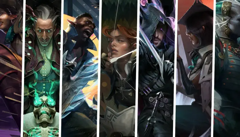 Kolekcja barwnych portretów postaci z Dragon Age: mroczny mag, łuczniczka, wojownik i inni.