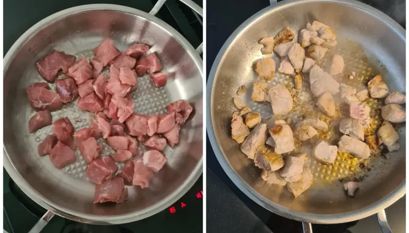 Rohes und angebratenes Schweinefleisch in einer Pfanne. Die Zubereitung für ein leckeres Schweinegulasch Rezept beginnt.