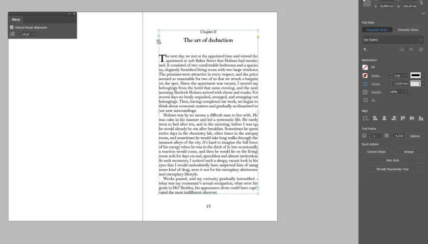 Profesjonalni autorzy używają tabel do balansowania punktów widzenia (POV), by zachować spójność narracji. Widzimy tu fragment tekstu z panelu "Story" w programie do składu tekstu.