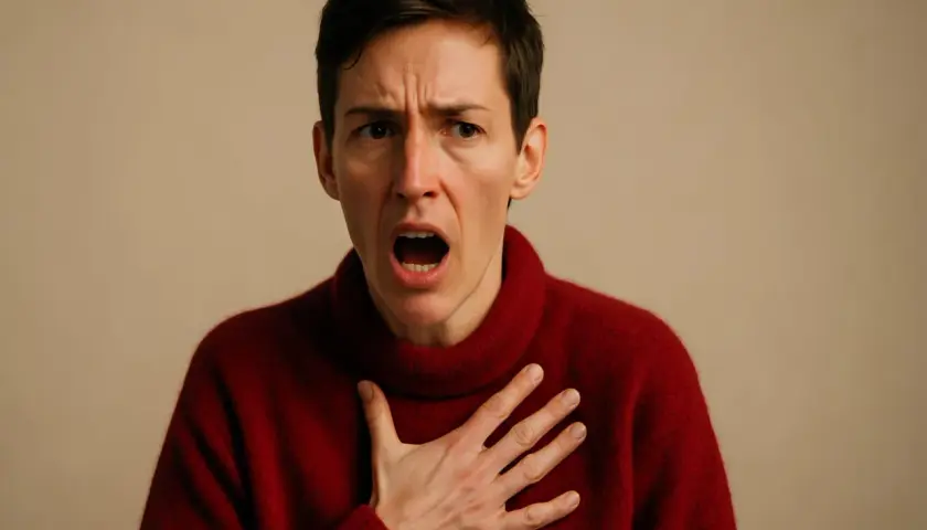 Una persona con un maglione rosso urla, con la mano sul petto, come se avesse problemi respiratori o fosse in preda al panico.