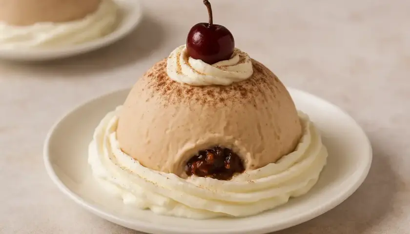 Delizioso spumoni ice cream a forma di cupola, guarnito con panna montata, una ciliegina e spolverata di cacao.