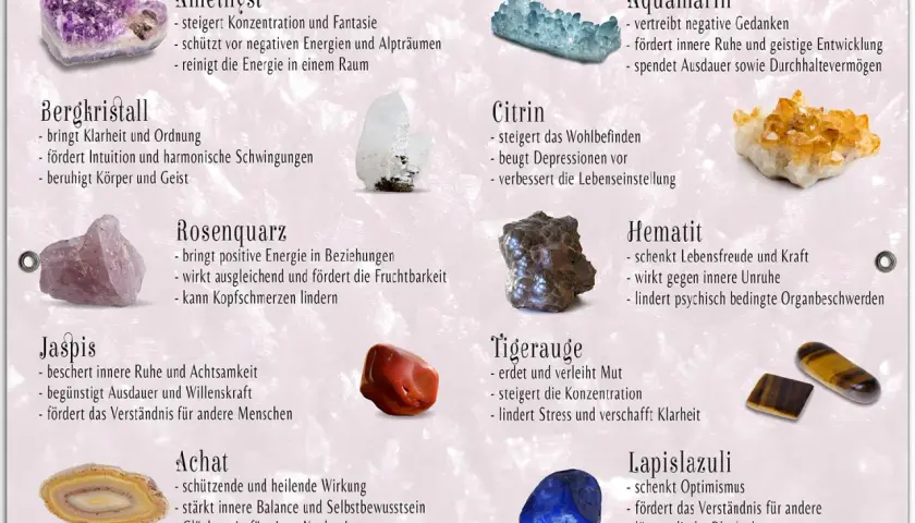 Vielfalt an Edelstein Arten: Amethyst, Bergkristall, Rosenquarz, Jaspis, Achat, Citrin, Aquamarin, Hematit, Tigerauge, Lapislazuli.