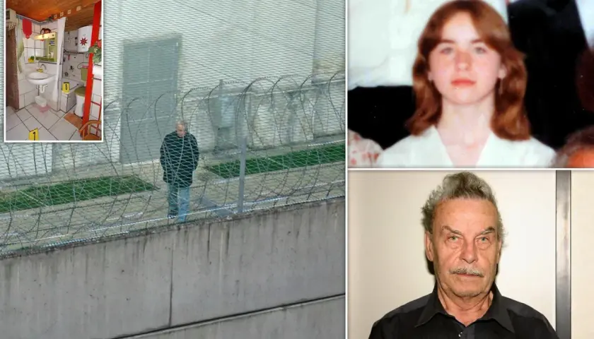 Mroczny mężczyzna w więzieniu, obok zdjęcie młodej dziewczyny i starszego mężczyzny. W rogu widać łazienkę, gdzie mogła przebywać dziewczyna.