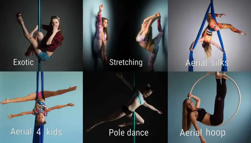 Kobiety wykonujące różne figury gimnastyczne: exotic pole, stretching, aerial silks, aerial 4 kids, pole dance, aerial hoop.