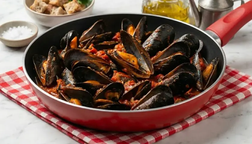 Herzhafte Muscheln in Tomatensauce, serviert in einer roten Pfanne auf kariertem Tuch. Daneben Croutons, Salz und Olivenöl.