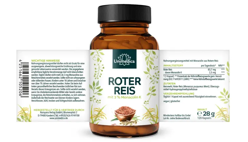 Flasche mit Roter Reis Kapseln, Nahrungsergänzungsmittel mit Monacolin aus Rotem Reis. 120 Kapseln, 28g.