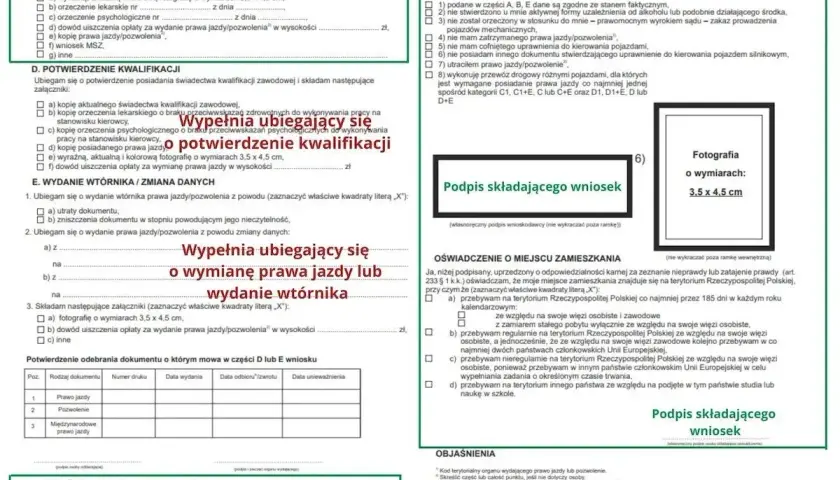 Wniosek o zmianę dokumentów po ślubie lub wydanie wtórnika prawa jazdy. Wymagane zdjęcie 3,5x4,5 cm.