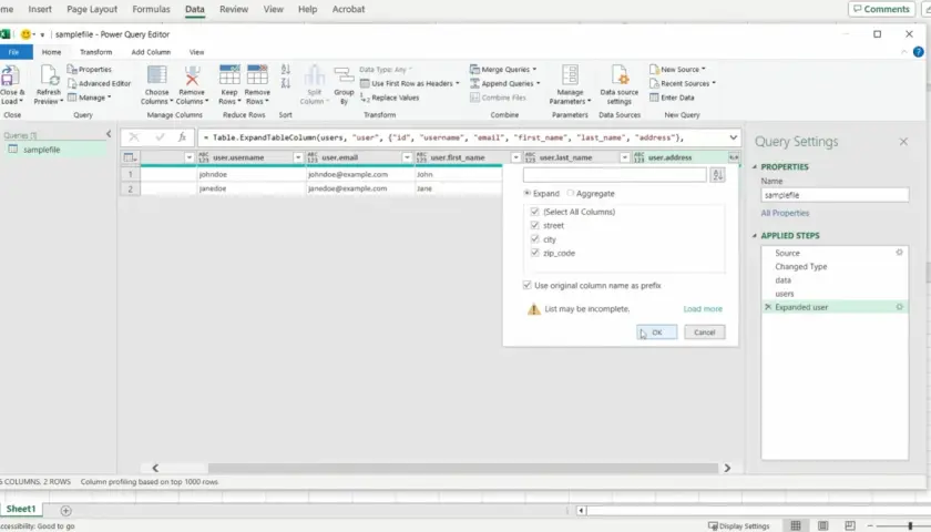 Interfaccia di Power Query Editor in Excel, che mostra la trasformazione di dati da XML a Excel, con espansione di colonne utente.
