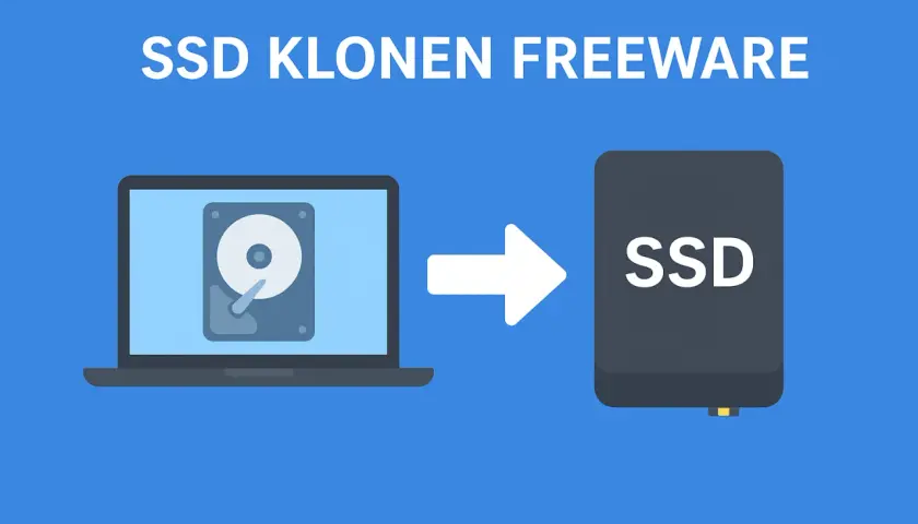 Illustration zeigt, wie man mit **m.2 SSD klonen freeware** Daten von einer Festplatte auf eine SSD überträgt.