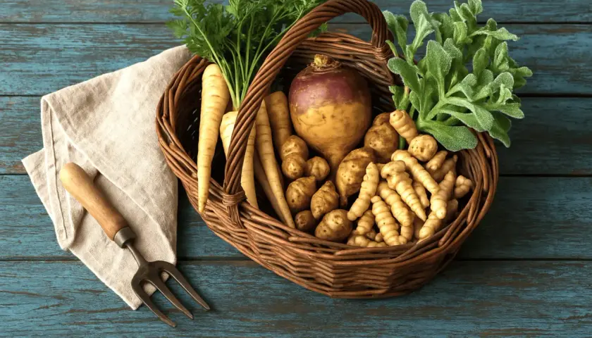 Panier rempli de légumes racines, dont des panais, des topinambours et un rutabaga, rappelant les légumes rares oubliés. Une fourche à main repose sur une serviette à côté.