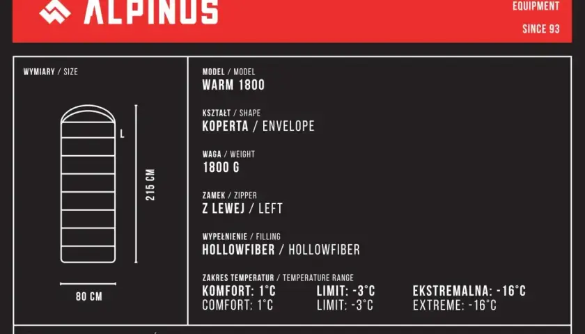 Śpiwór Alpinus Warm 1800, kształt koperty, 215 cm długości. Zakres temperatur komfortu: 1°C. Idealny na chłodne noce.