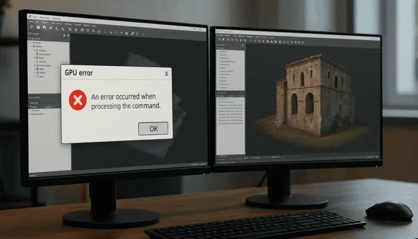 Zwei Monitore zeigen 3D-Modelle. Ein Fenster meldet einen "GPU error", was auf einen Treiber-Timeout bei AMD hindeuten könnte.