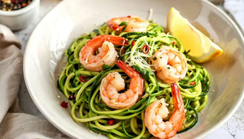 Deliciosos espaguetis de calabacín con gambas, perfectos para cenas saludables y ligeras. Un toque de limón realza su frescura.