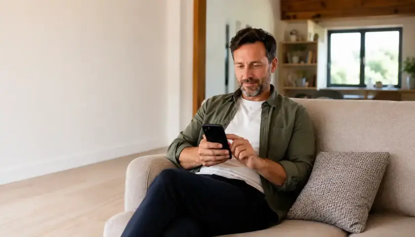 Uomo con ADHD adulto cerca informazioni su come gestire la sua condizione, navigando sul suo smartphone comodamente seduto sul divano.