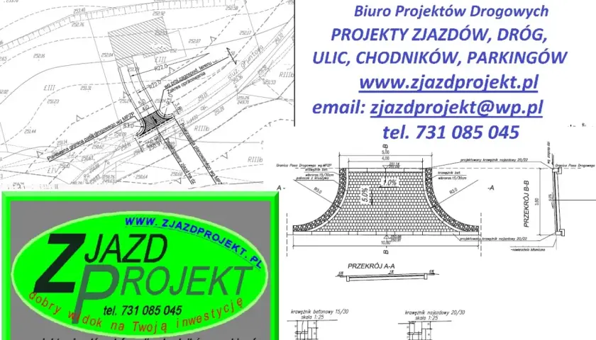 Projekt zjazdu z drogi powiatowej, z detalami technicznymi i przekrojami. Logo firmy Zjazdprojekt.