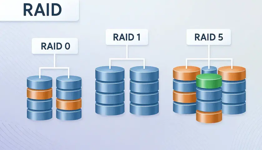 Darstellung verschiedener RAID-Level: RAID 0 (zwei Stapel), RAID 1 (zwei Stapel) und RAID 5 (drei Stapel, einer grün).