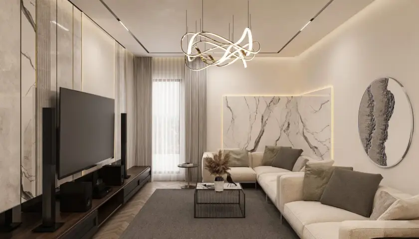 Nowoczesne oświetlenie do salonu: designerska lampa wisząca, kinkiety i taśmy LED tworzą przytulną atmosferę.