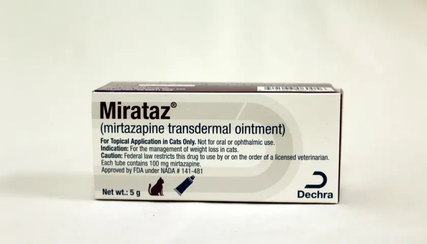 Opakowanie Mirataz, maści z mirtazapiną dla kotów, pomagającej w leczeniu utraty wagi.