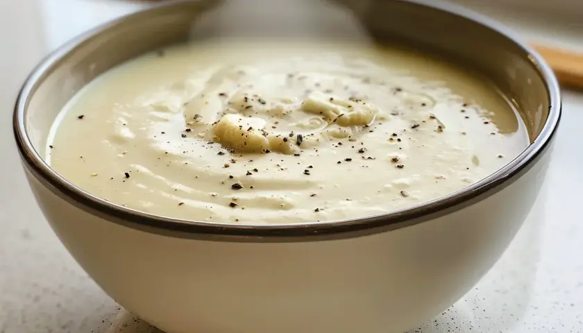 Krämig blomkålssoppa, perfekt för ett mysigt blomkålssoppa recept. Toppad med peppar och små blomkålsbitar.