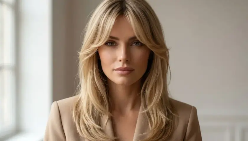 Kobieta z blond włosami w stylu curtain bangs, ubrana w beżową marynarkę, patrzy prosto w obiektyw.