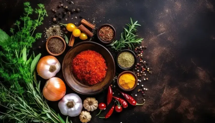 Składniki do pikantnego sosu seczuańskiego: papryczki chili, cebula, czosnek, zioła i przyprawy.