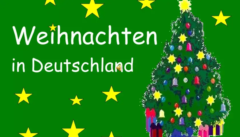 Weihnachten in Deutschland: Ein festlich geschmückter Weihnachtsbaum mit Geschenken und Sternen.