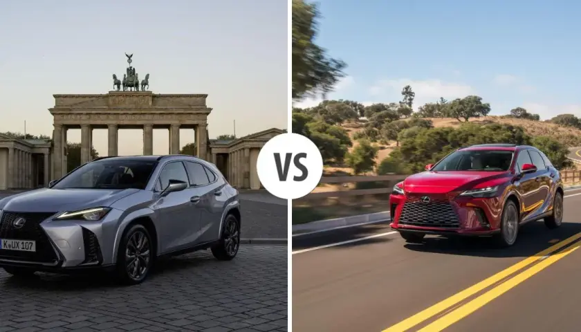 Dwa modele Lexus SUV: srebrny przed Bramą Brandenburską, czerwony na krętej drodze.