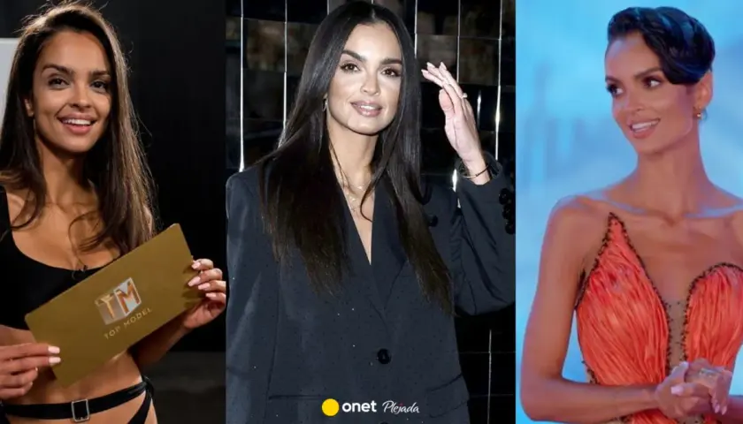 Klaudia El Dursi kiedys, w trzech odsłonach: jako prowadząca "Top Model", w eleganckiej marynarce i w zjawiskowej, pomarańczowej kreacji.