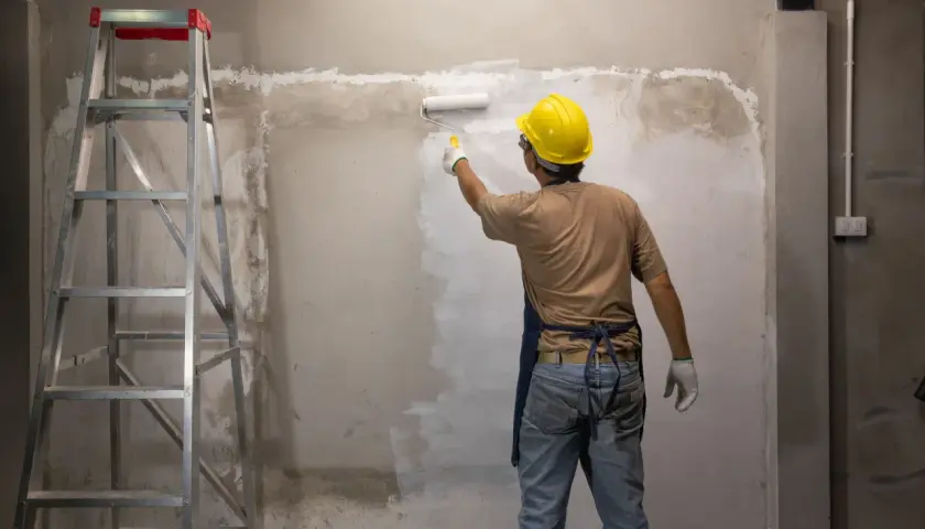 Operaio con casco giallo applica fissativo per pittura su muro grezzo con rullo, accanto a una scala metallica.
