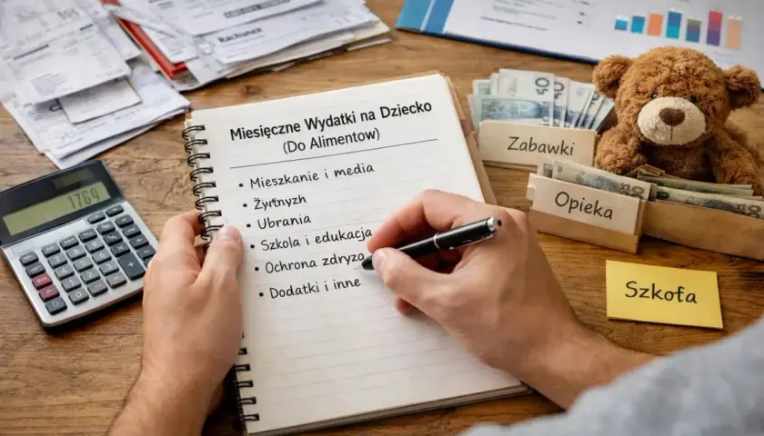 Zestawienie wydatków na dziecko wzór: lista obejmuje mieszkanie, żywność, ubrania, szkołę, opiekę i dodatki. Obok notatnika leży kalkulator i pieniądze.