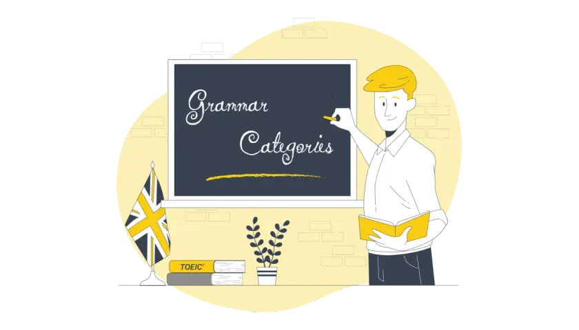 Un insegnante scrive "Grammar Categories" su una lavagna. Accanto, una bandiera britannica e libri, tra cui uno con la scritta "TOEIC". Utile per studiare le preposizioni in inglese.