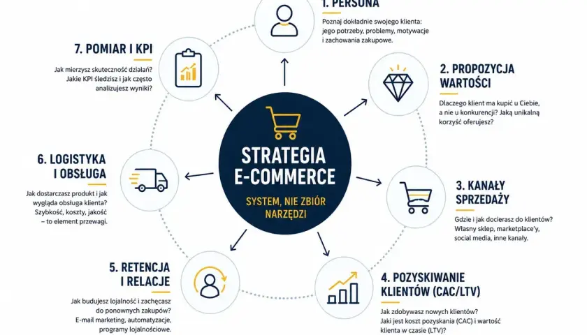 Schemat strategii e-commerce: od persony klienta, przez propozycję wartości, kanały sprzedaży, pozyskiwanie i retencję klientów, logistykę, po pomiar KPI. Klucz do skutecznej sprzedaży online.