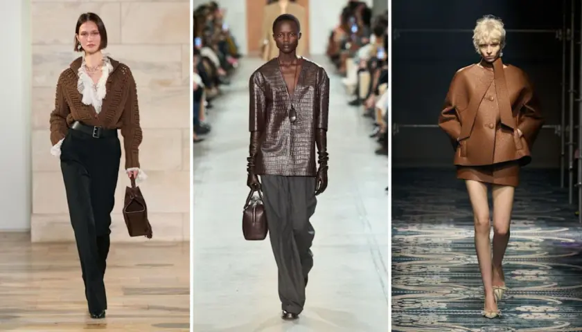 Modelli sfilano con outfit eleganti in varie tonalità di colore marrone. Un look presenta un maglione lavorato a maglia, un altro una giacca effetto coccodrillo, e il terzo un completo giacca e gonna.