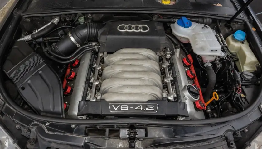 Potężny silnik wolnossący V8 4.2 Audi, z widocznym kolektorem dolotowym i cewkami zapłonowymi.