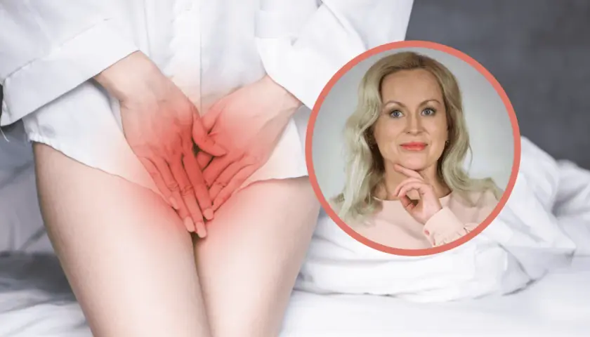 Kobieta z rękami na kroczu, gdzie widoczne jest zaczerwienienie, sugerujące objawy rzeżączki. Obok uśmiechnięta blondynka.