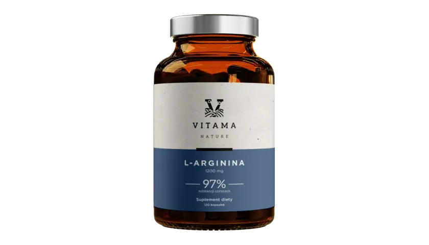 Szklana butelka suplementu diety L-Arginina 1200 mg od Vitama Nature.