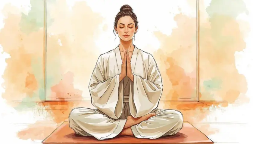 Donna in meditazione, con le mani giunte, vestita di bianco, evoca la pace del Tao Te Ching.