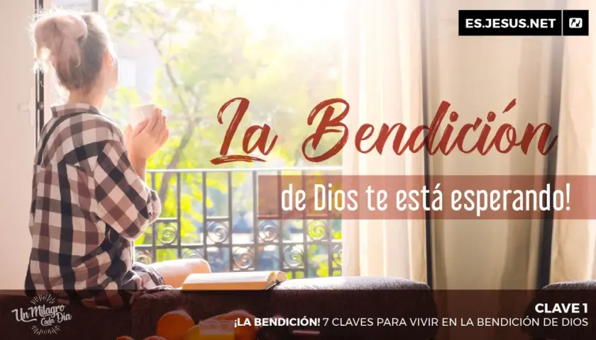 Mujer con taza, mirando al sol. "La Bendición de Dios te está esperando". Que Deus nos abençoe e nos proteja.