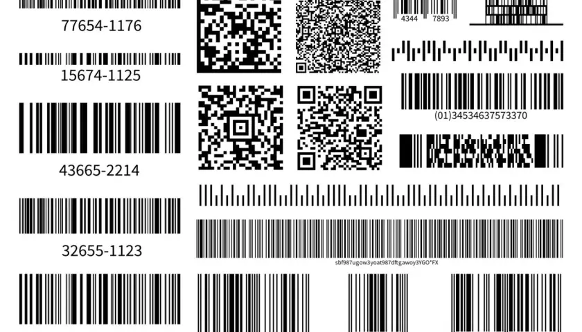 Różnorodne kody kreskowe i QR, w tym przykładowy numer GTIN.