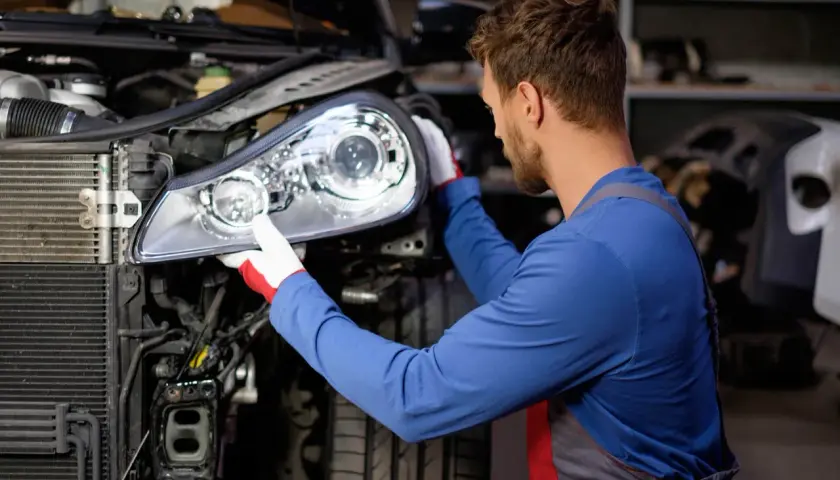 Mecánico con guantes blancos y rojos instalando un faro nuevo en un coche.