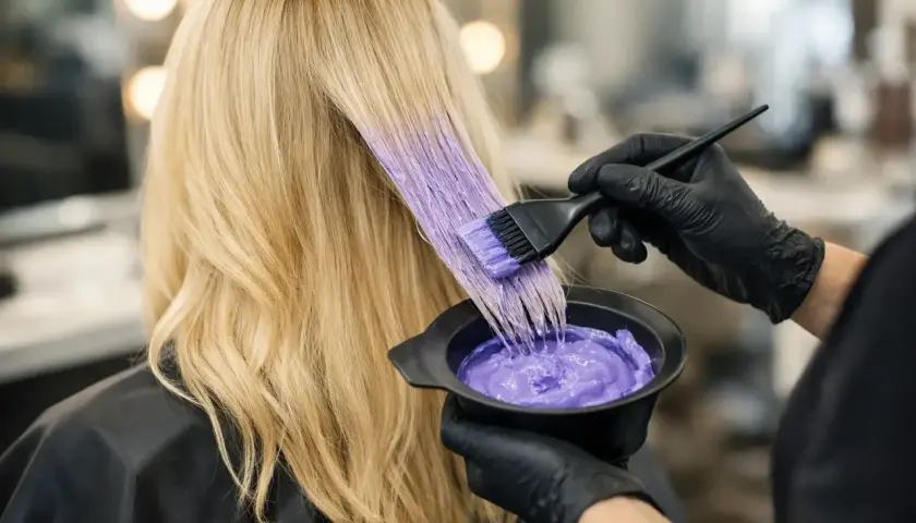 Fryzjer nakłada fioletową farbę na rozjaśnione blond włosy. Szukasz idealnej farby na rude włosy po rozjaśnianiu?